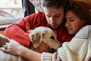 A loving couple cuddles a golden retriever dog inside a cozy home setting.